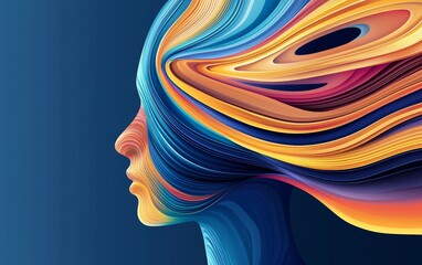Abstract head filled with colorful swirling lines, representing business ideas and innovation, creative thinking, concept development