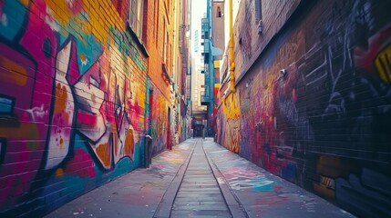 Fototapeta premium Animation of a vibrant urban alleyway featuring a graffiti masterpiece, capturing dynamic street art with vivid colors and intricate details