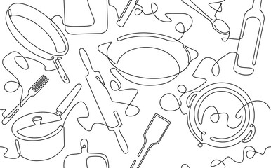 Culinary seamless pattern drawn on a white background. Kitchen utensils in continuous line drawing style.  Minimalist food poster. Vector illustration.