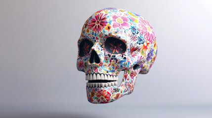A vibrant skull adorned with intricate floral patterns, combining traditional Day of the Dead elements with modern art against a light background.

