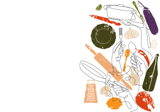 Vector culinary artwork. Continuous line drawing illustration of hands holding utensils and grunge silhouettes of cutlery and various  ingredients. Homemade food.  Cooking graphic design element.