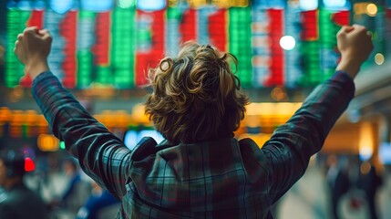 stock trader rejoices at success against the backdrop of monitors with stock quotes and charts
