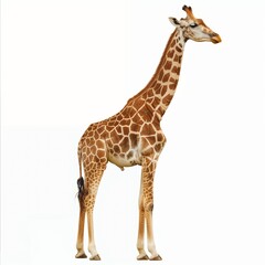 Obraz premium A giraffe stands on a white background with its head turned to the side.
