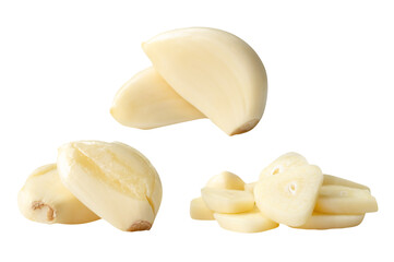 Side view set of fresh peeled white garlic cloves with slices in stack isolated on white background with clipping path