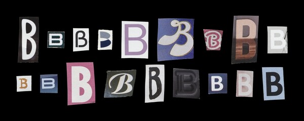 Set of cut-out letter “B” from magazines on a black background, retro y2k style symbols for collage