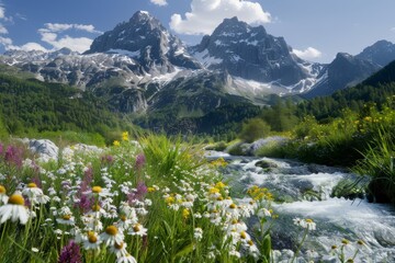 The picture captures a serene spring landscape filled with colorful wildflowers alongside a gently flowing river, framed by towering mountains under a clear blue sky.