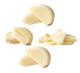 Side view set of fresh peeled white garlic cloves with slices in stack isolated with clipping path in png file format