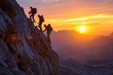 Fototapeta premium Four climbers carefully navigate a steep rock face as the sun sets, casting warm yellow and orange hues across the peaks and valleys, creating a stunning backdrop.