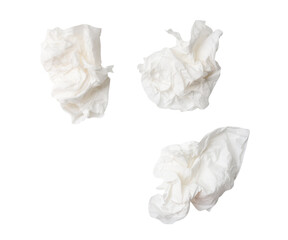 Fototapeta premium Top view set of screwed or crumpled white tissue paper balls after use isolated on white background