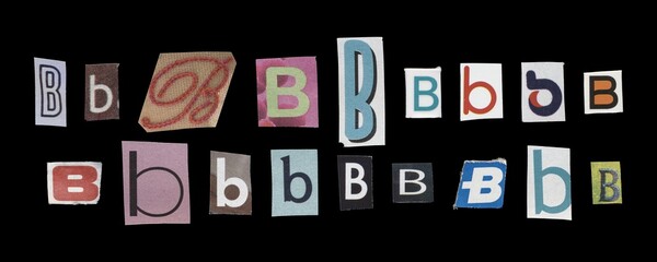 Set of cut-out letter “B” from magazines on a black background, retro y2k style symbols for collage