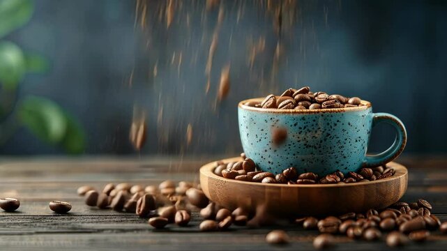 Exploring the beauty of coffee with a blue cup filled with roasted beans on a wooden surface