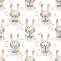 Holiday Seamless pattern with cartoon bunny, degor elements. Colorful illustration flat for kids. hand drawing. baby design for fabric, print, wrapper, textile