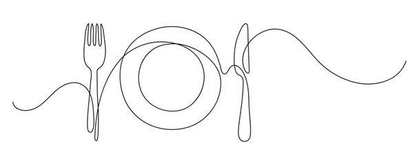 Plate with fork and knife. Continuous line drawing. Food frame border doodle.  