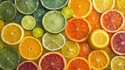 Obraz premium A vibrant assortment of sliced citrus fruits, including oranges, lemons, and limes, arranged in a circular pattern