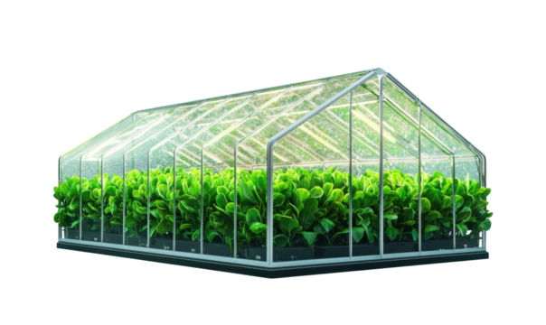 Modern greenhouse filled with vibrant green plants isolate on transparent background, cutout, png