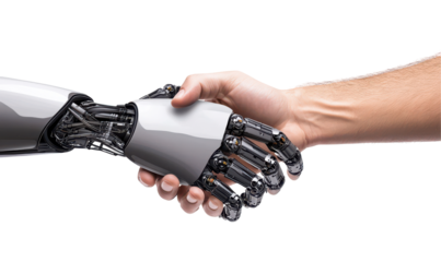 Robotic hand and a human hand engage in a handshake isolate on transparent background, png, cutout