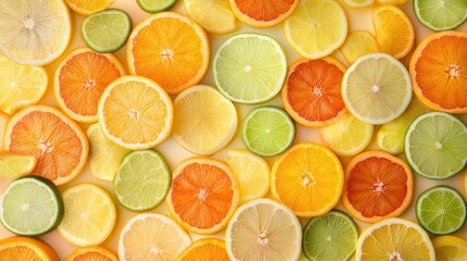 A vibrant assortment of sliced citrus fruits, including oranges, lemons, and limes, arranged in a circular pattern.