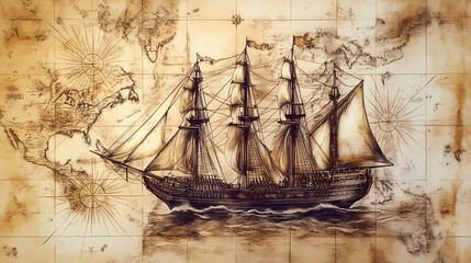 Fototapeta premium A drawn old pirate map depicting a sailing ship sailing on the sea. generative ai. Pirate Ship. Illustration