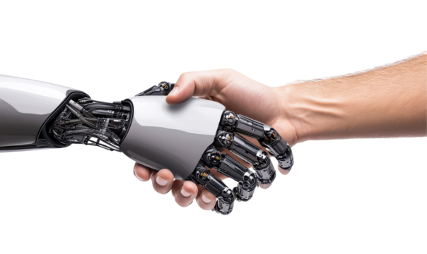 Robotic hand and a human hand engage in a handshake isolate on transparent background, png, cutout