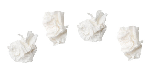 Obraz premium Top view set of screwed or crumpled white tissue paper balls after use isolated with clipping path in png file format