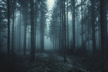 Naklejka premium A narrow trail winds through a dense forest filled with towering trees, enveloped in dense fog on a calm morning, creating an eerie yet serene atmosphere.