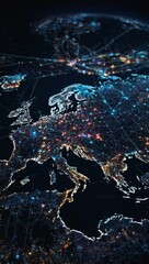 Digital world map with colorful city connections on dark blue