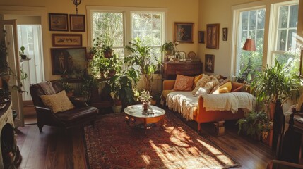 Fototapeta premium A charming bohemian cottage with vintage furnishings, eclectic wall art, and lush greenery,