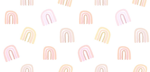 Simple Watercolor Vector Seamless Pattern with Abstract Pink Rainbows. Lovely Nursery Print with Pastel Color Rainbows Isolated on a White Background. Funny Infantile Style Boho Pattern for Kids. 
