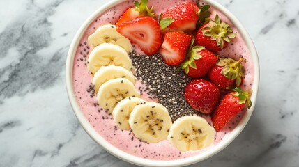 A vibrant fruit smoothie bowl topped with sliced bananas, strawberries, and chia seeds.
