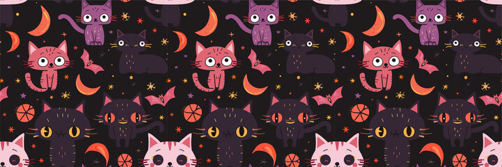 Naklejka premium Spooky Halloween Seamless Pattern with Cute Festive Elements and Gothic Theme illustration