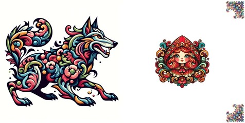 Obraz premium Colorful ornate rococo illustration of a big bad wolf with little red hood logo on white background