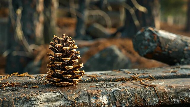A single pinecone resting on an old wooden log in a serene forest setting during autumn