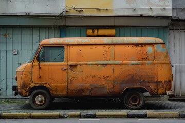 An old orange van stands parked along a city street, revealing a weathered exterior and nostalgic appeal against a backdrop of muted buildings and signs.