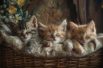 Three adorable kittens sleeping peacefully in a wicker basket.