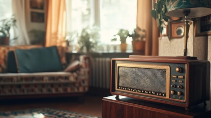A classic radio receiver with dial controls and a vintage design, set in a retro living room,