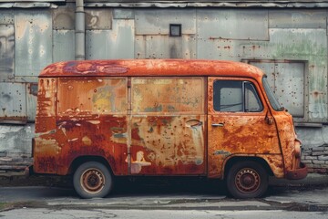 A weathered delivery van with a striking rusty exterior is situated beside a dilapidated metal wall, creating a nostalgic urban atmosphere on a cloudy day.