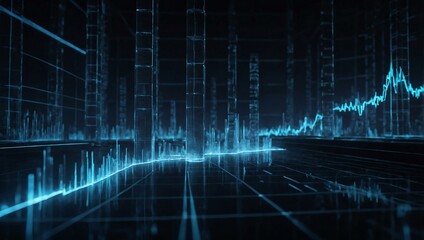 Energy production concept with glowing data in a dark 3D environment.
