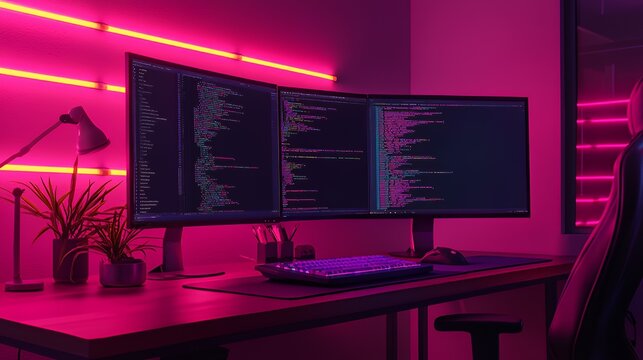 A modern desk setup with three monitors displaying code, keyboard, mouse, and a plant, all illuminated in pink neon light.
