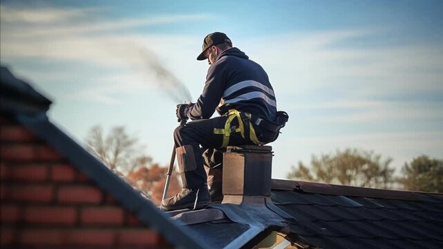 Skilled chimney sweep cleaning rooftop chimney with safety gear, tools, and autumn sky backdrop