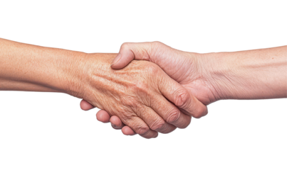 Close up of two hands shaking, symbolizing agreement, partnership, collaboration, isolate on transparent background, png, cutout