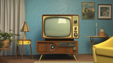 A classic television set with dials and a boxy screen, set in a retro living room with vintage furniture, evoking the early days of TV technology.