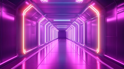A futuristic hallway with glowing pink and blue neon lights.