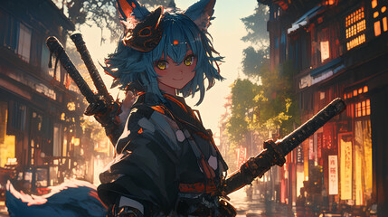 close-up portrait of an anime girl with fox ears and fox tail Traditional Japanese fantasy background