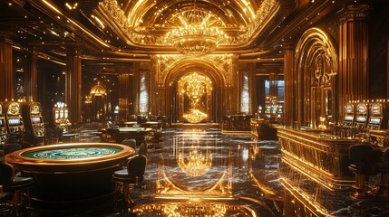 Opulent Golden Casino Interior with Roulette Table and Slot Machines