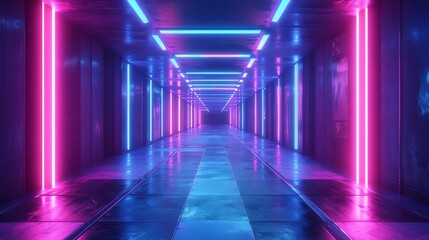 A futuristic hallway with glowing neon lights in pink and blue.
