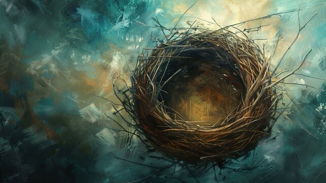 An empty bird nest made of twigs sits on a textured background of blue and brown hues.