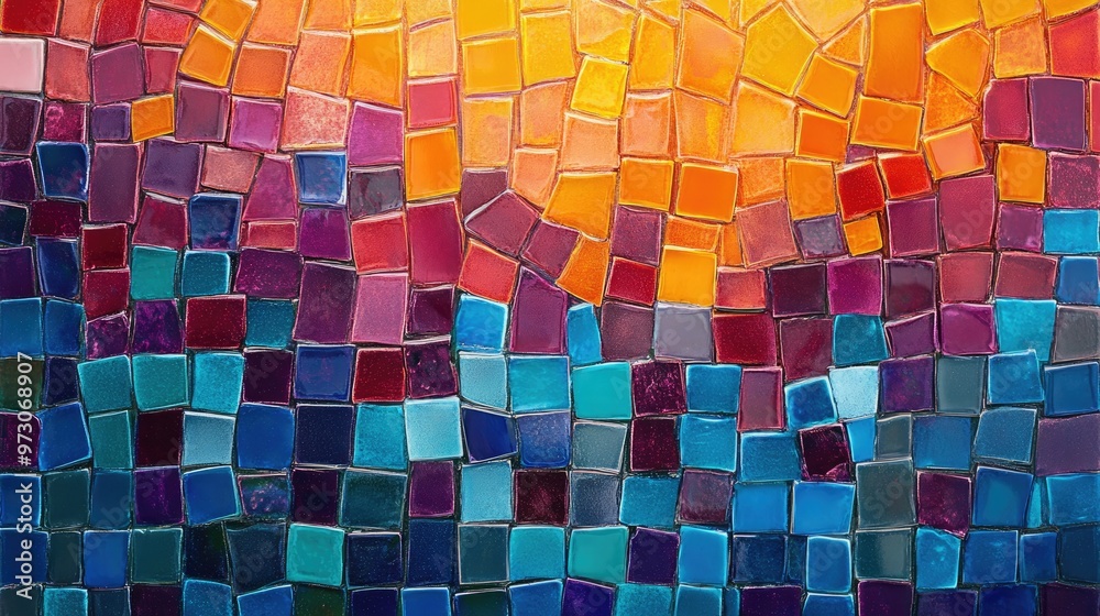 Poster abstract background with a mosaic pattern of small, colorful tiles arranged in a random order.