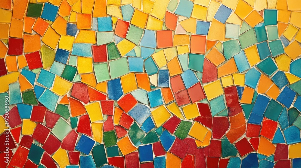 Poster abstract background with a mosaic pattern of small, colorful tiles arranged in a random order.