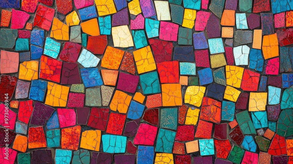 Poster abstract background with a mosaic pattern of small, colorful tiles arranged in a random order.