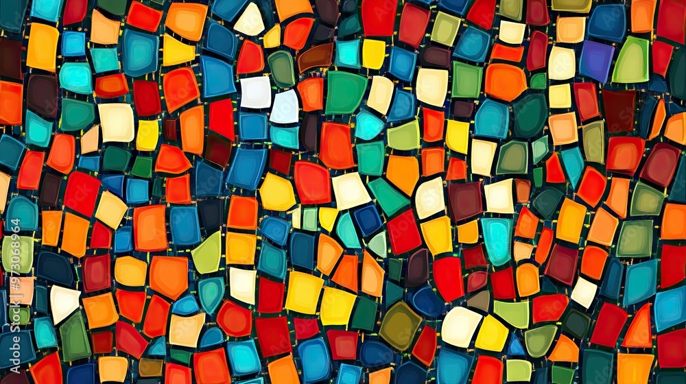 Poster abstract background with a mosaic pattern of small, colorful tiles arranged in a random order.